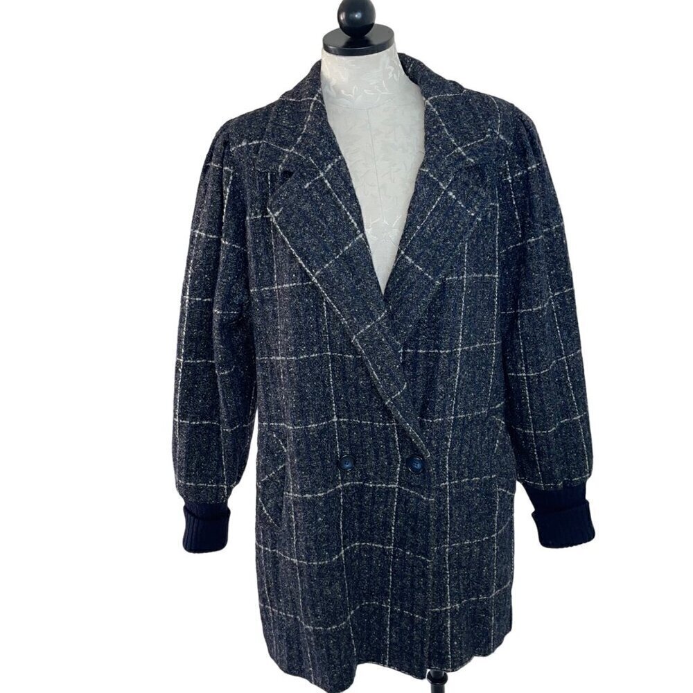 Saril Ltd Vintage Womens Coat Size Large Gray Plaid Pockets Knit Cuffs Pure Wool